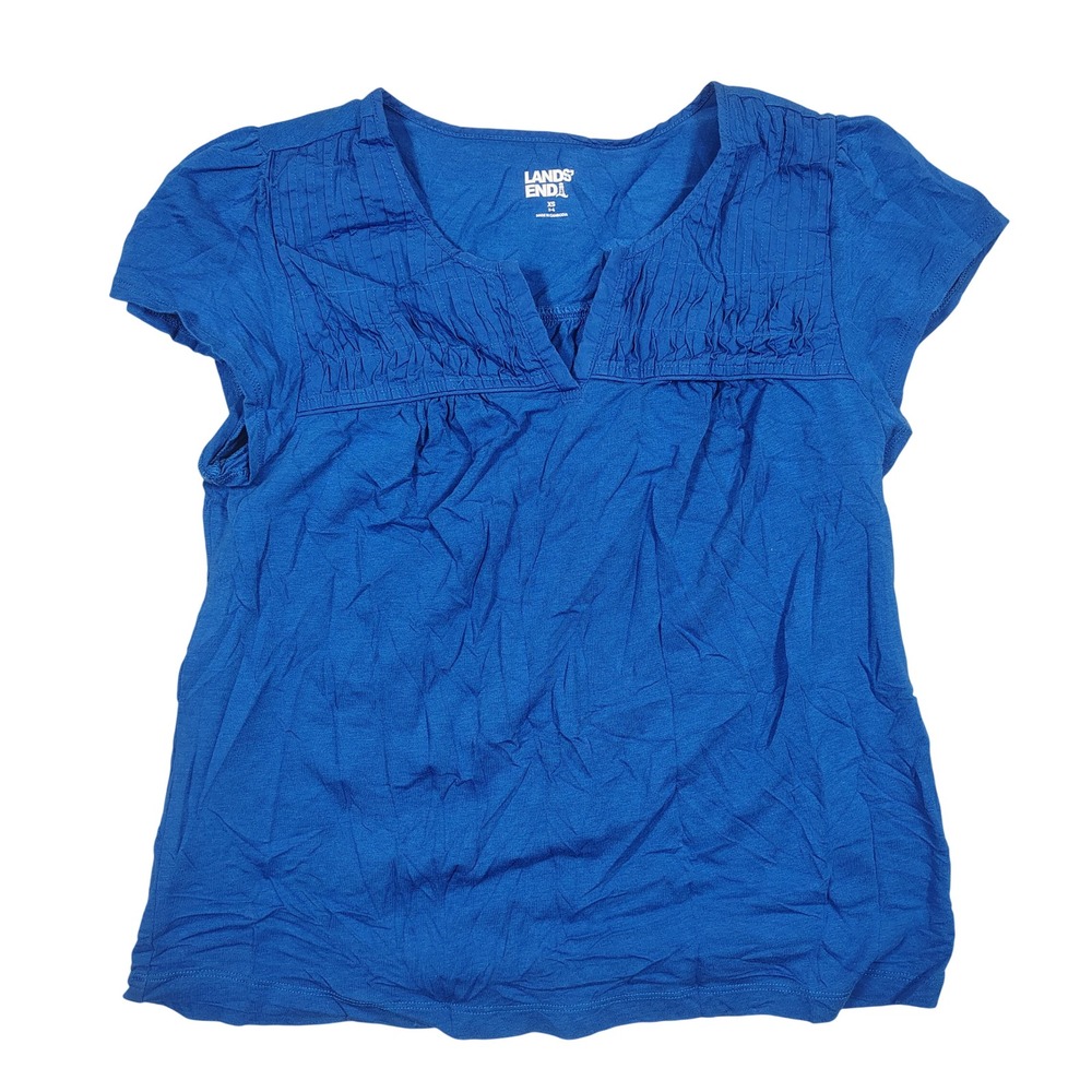 Lands End T-Shirt Womens XS Blue Pintuck Split Neck Cap Sleeve Cotton Modal